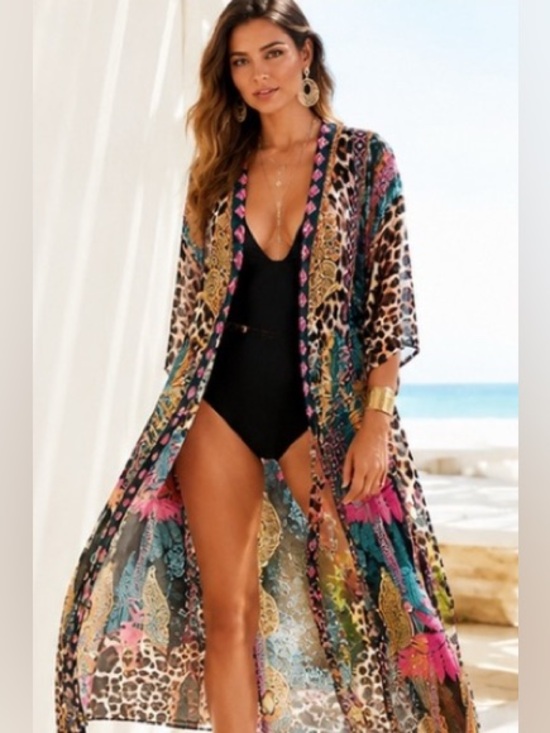 VENUS Other - VENUS Mixed Print Leopard Maxi Kimono Duster Cover Up NWT